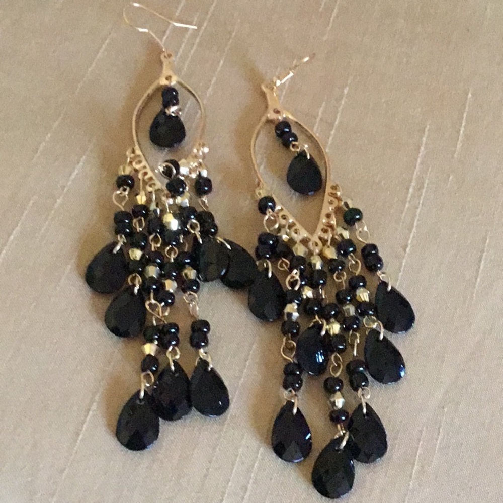 4” L GOLD TONE FISHHOOK EARRINGS with BLACK BEADS